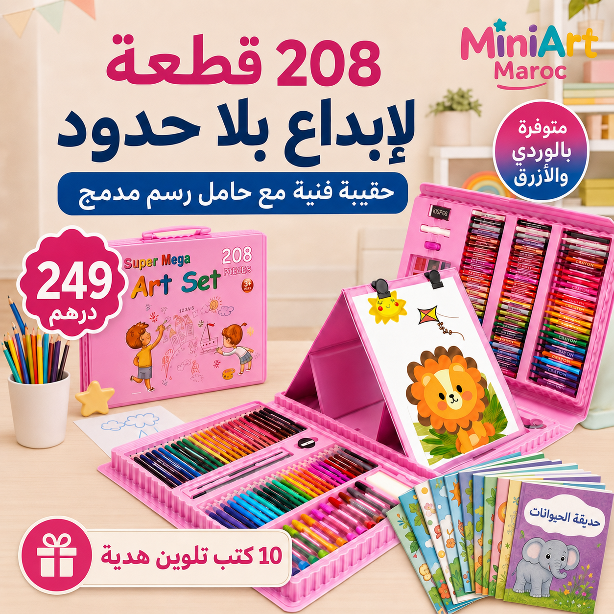 علبة MiniArt Maroc 208 قطعة مع حامل رسم مدمج و10 كتب تلوين هدية بثمن 249 درهم